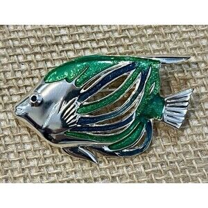 Vintage Blue Green Enamel Fish Shaped Brooch Silver Tone Setting Retro Estate